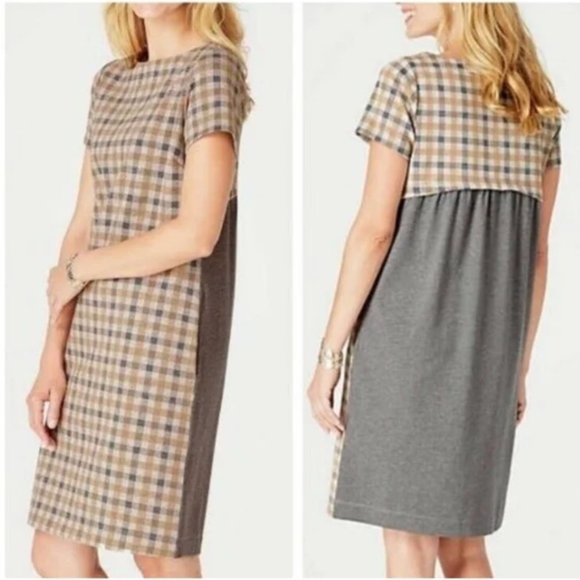 J Jill ~ Short Sleeve Plaid Camel Grey Shift Dress Pockets - Picture 1 of 7